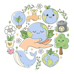 Groovy Earth Day Doodle Cartoon Style Hand Drawn Elements Vector