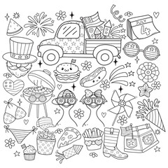 Retro 4th of July or Independence Day Doodle Cartoon Style Hand Drawn Elements Outline Coloring Page Vector