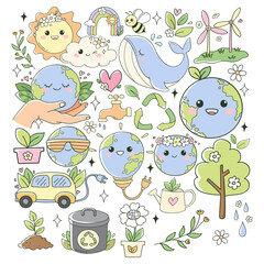 Groovy Earth Day Doodle Cartoon Style Hand Drawn Elements Vector