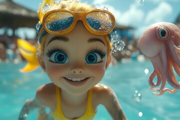 Happy animated girl swimming with octopus friend AI generated