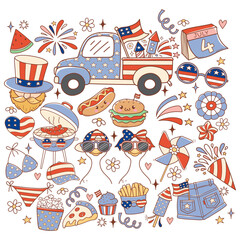 Retro 4th of July or Independence Day Doodle Cartoon Style Hand Drawn Elements Vector