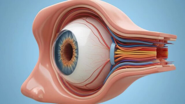 Detailed anatomical cross section of the human eye showing various layers and structures. Medical education and biology concept 3D animation footage.