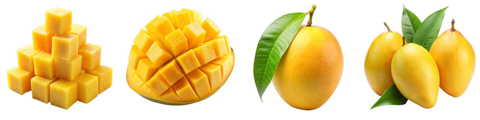 Fresh Mango Collection PNG &ndash; Whole, Sliced and Diced Tropical Fruit on Transparent Background for Food Marketing, Recipe Websites, and Product Packaging Design