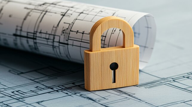 A close-up of a digital keycode padlock wrapping around rolled-up blueprints, sitting on a steel drafting table, with technical drawing details peeking out symbolizing IP protection