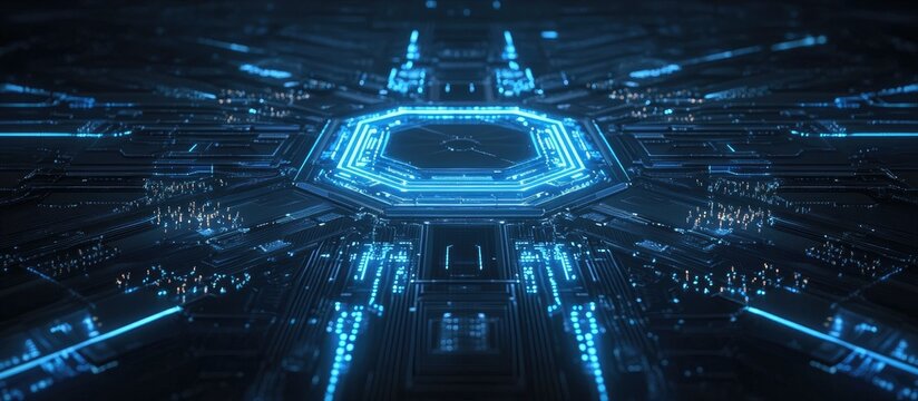 Intricate, glowing, blue circuit board design - Powered by Adobe