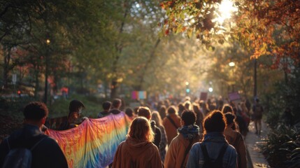 Crowd of People Marching With a Rainbow Flag in a Park During Sunset, Representing Diversity and Social Justice Advocacy : Generative AI