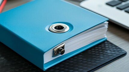 A high-security lock securing a blue binder of encrypted data printouts, resting on a black carbon-fiber desk mat under cool LED accent lighting
