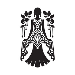 Graceful Kebaya Dress Vector Silhouette – Traditional Indonesian and Malaysian Attire, Delicate Lace Patterns, Elegant Fit, Cultural Symbolism, and Classic Beauty in Art.
