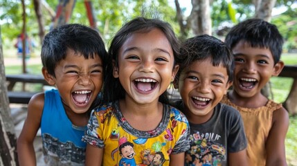 Four children joyfully laughing together under trees
