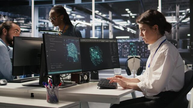 Excited data center engineer dancing in office chair after achieving breakthrough results on AI project. Jolly server room worker celebrating successful artificial intelligence deployment, camera A