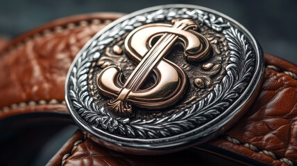 Ornate dollar sign belt buckle on leather with detailed craftsmanship.