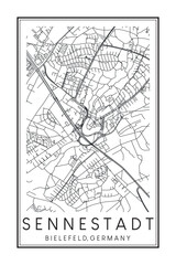 Naklejka premium Hand drawn printable downtown road map poster of borough SENNESTADT of the German city of BIELEFELD on solid white background with city name