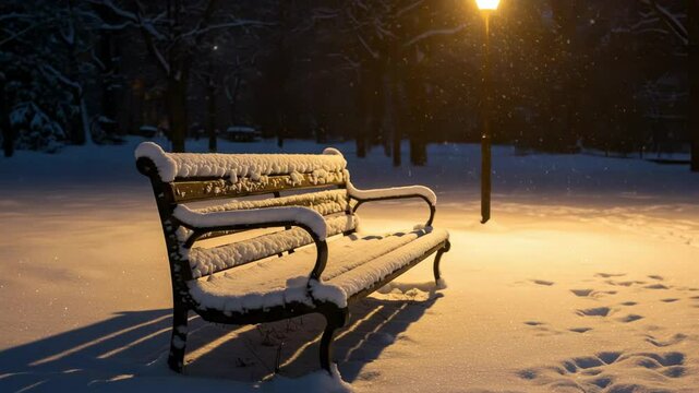 Snow covered park bench under a glowing lamppost at night