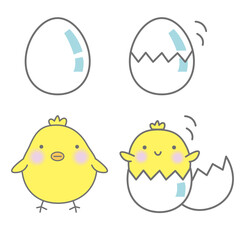 Chick Hatching Sequence: Four-Step Cartoon Egg to Baby Bird Process for Kids' Education & Nursery Art