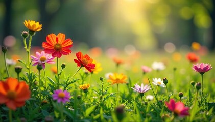 Vibrant wildflowers blooming in a sun-drenched meadow after a spring rain shower; a scene of natural beauty and renewal ,  rain,  outdoor