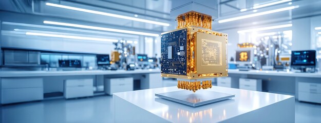 A glowing quantum computer core in a futuristic laboratory represents cutting-edge technology and next-generation computing