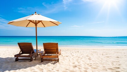 Fototapeta premium Relaxing beach chairs and umbrellas on the sand by the tropical blue ocean, inviting summer vacation