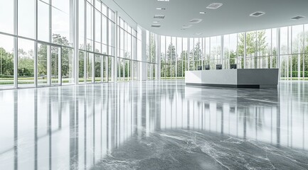 Modern, bright lobby with expansive glass walls showcasing a verdant outdoor landscape; sleek, minimalist reception desk; highly polished floor reflecting the scene