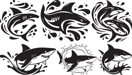 Shark silhouettes in water splash designs ocean wildlife art