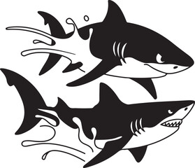Two sharks swimming underwater splashing water black and white illustration