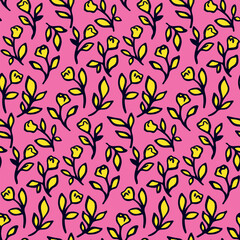 Seamless floral pattern, liberty ditsy print in doodle motif. Cute botanical design in bright colors. Small hand drawn plants, simple outline drawing flowers, tiny leaves on pink. Vector illustration.