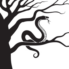 Silhouetted snake coiled on a bare tree branch