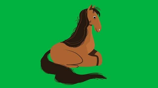 Funny cartoon character of a green screen chroma key background a beautiful brown  horse  background  sitting  calmly in the shade of a tree and  looking  around 
