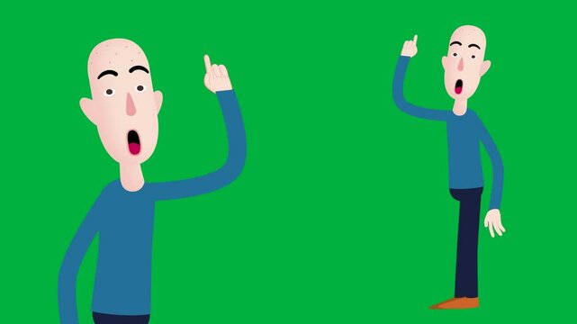 Funny cartoon character  green screen chroma key background  bald white man  worried and looking  for a solution and suddenly  finds it