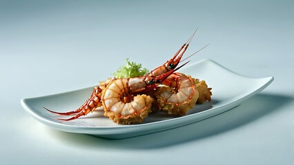 Delicious breaded shrimp appetizer elegantly arranged on a pristine white plate against a soft blue background a perfect gourmet seafood dish showcasing succulent shrimp culinary art food photography