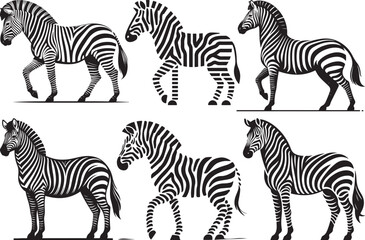 Six black and white zebra silhouettes african wildlife animals