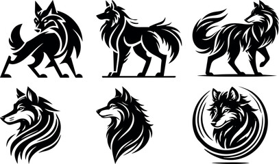 Six stylish black wolf silhouettes vector graphics