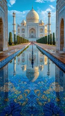 Obraz premium Taj Mahal's Majestic Reflection: A Symphony in White and Blue