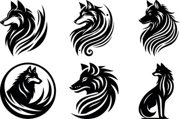 Six stylized black and white wolf designs tribal art