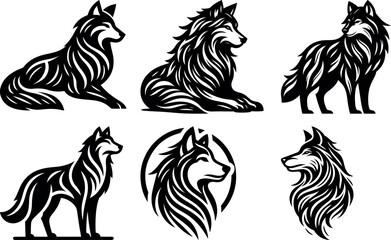 Tribal style wolf collection vector graphics set