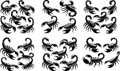 Collection of black silhouette scorpions various poses