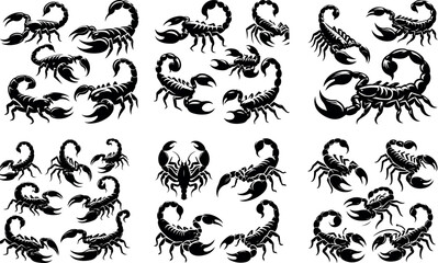 Collection of black silhouette scorpions various poses