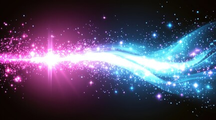 Fototapeta premium Glowing, pink and blue energy streams converge, sparkling with light and dust against a dark backdrop