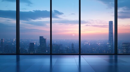Panoramic sunset view of a sprawling city skyline seen through large glass windows of a modern, empty room with reflective floor