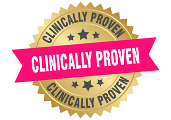clinically proven. clinically proven round pink and gold label isolated on transparent background