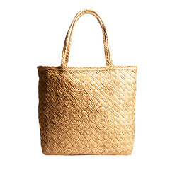 Natural Straw Tote Bag with an Organic Handwoven Fabric Isolated on Transparent Background
