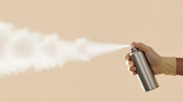 Hand Spraying Aerosol Can - White Mist Stream Against Beige Background for Product Demonstrations, Hygiene Commercials, and Household Cleaning Tutorials