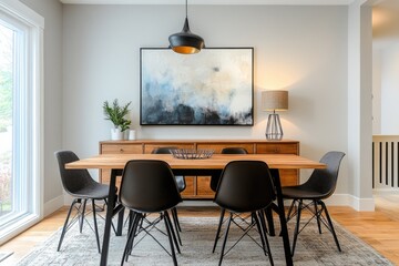 Modern dining room with light beige walls, a large abstract painting, light wooden table and chairs