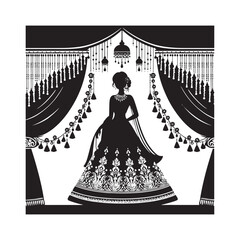 Elegant Lehenga Choli Vector Silhouette – Traditional Indian Bridal Attire, Ornate Embroidery, Vibrant Colors, Cultural Heritage, and Timeless Festive Beauty.
