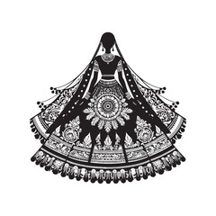 Elegant Lehenga Choli Vector Silhouette &ndash; Traditional Indian Bridal Attire, Ornate Embroidery, Vibrant Colors, Cultural Heritage, and Timeless Festive Beauty.
