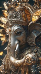Obraz premium Intricate and elaborately decorated Hindu deity sculpture featuring an ornate golden headdress ornamental jewelry and a radiant mystical presence