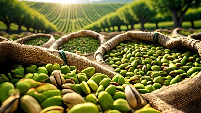 Freshly harvested pistachios in a picturesque orchard during sunset