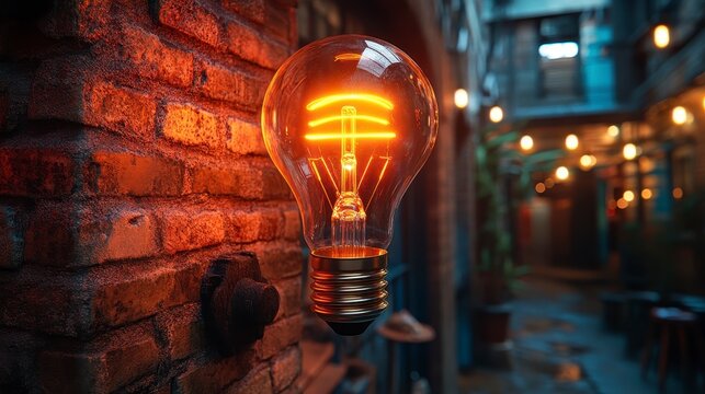 Light bulb shines on brick wall, illuminating a narrow alley with blurred cafe lights - Powered by Adobe
