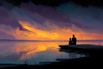 Fototapeta premium Sunset Reflections – Father and Child Sharing a Quiet Moment