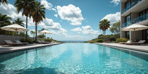 Fototapeta premium Swimming Pool Palm Trees Resort Turquoise pool in luxury resort with palm trees and ocean view