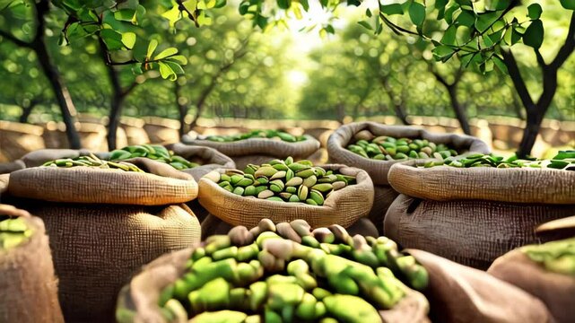 Harvesting fresh pistachios in lush orchard during golden afternoon light
